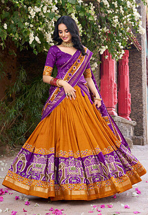 Patola Printed Tussar Silk Lehenga in Orange
