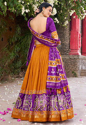 Patola Printed Tussar Silk Lehenga in Orange