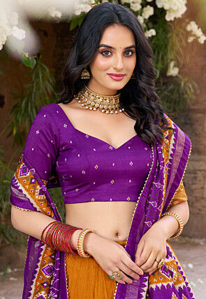 Patola Printed Tussar Silk Lehenga in Orange