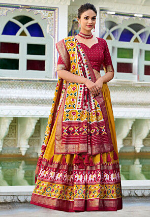Patola Printed Tussar Silk Lehenga in Mustard