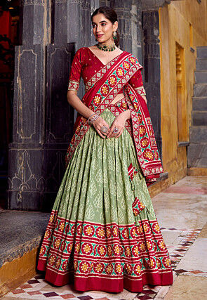 Patola Printed Tussar Silk Lehenga in Pastel Green