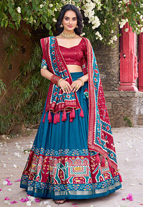 Patola Printed Tussar Silk Lehenga in Teal Blue