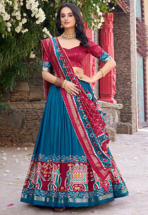 Patola Printed Tussar Silk Lehenga in Teal Blue
