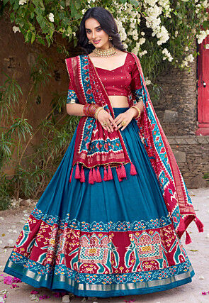 Patola Printed Tussar Silk Lehenga in Teal Blue