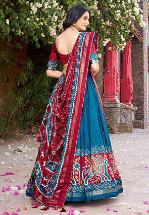 Patola Printed Tussar Silk Lehenga in Teal Blue