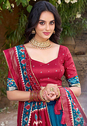 Patola Printed Tussar Silk Lehenga in Teal Blue