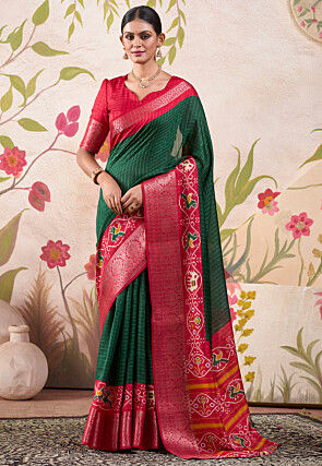 Patola Printed Tussar Silk Saree in Dark Green