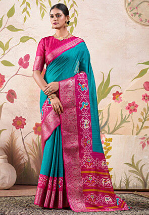 Patola Printed Tussar Silk Saree in Teal Blue