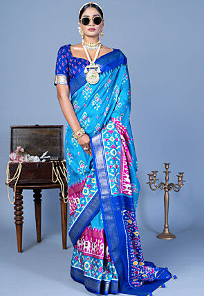 Patola Printed Viscose Silk Saree in Light Blue