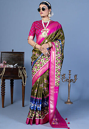 Patola Printed Viscose Silk Saree in Olive Green