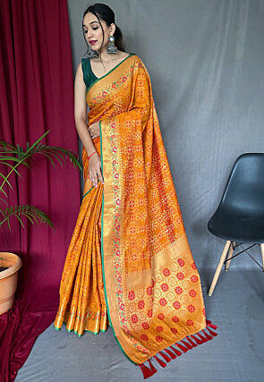 Sunrise Yellow patola saree with a red silk-blend blouse at Rs 7536.50 |  Thane West | Mumbai| ID: 2853475046062