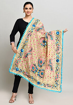 Phulkari Embroidered Cotton Dupatta in Beige