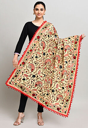 Phulkari Embroidered Cotton Dupatta in Beige