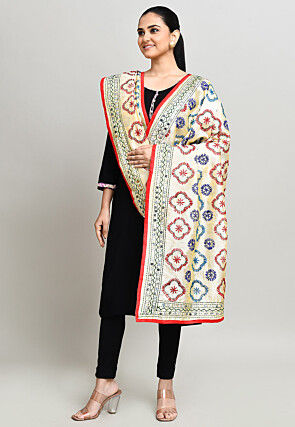 Phulkari Embroidered Cotton Dupatta in Cream