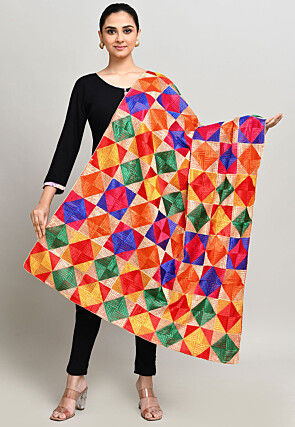 Phulkari Embroidered Cotton Dupatta in Multicolor