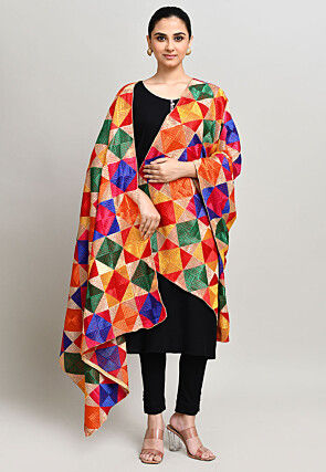 Phulkari Embroidered Cotton Dupatta in Multicolor