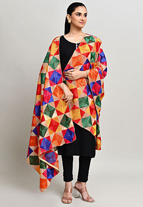 Phulkari Embroidered Cotton Dupatta in Multicolor