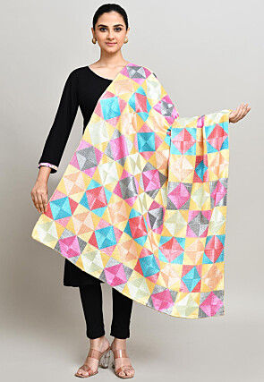 Phulkari Embroidered Cotton Dupatta in Multicolor