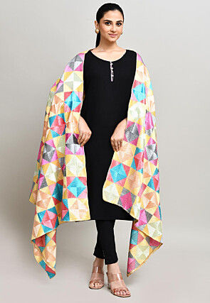 Phulkari Embroidered Cotton Dupatta in Multicolor