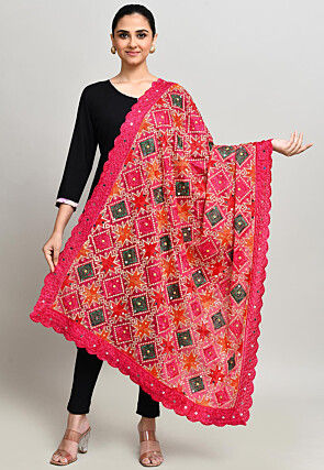 Phulkari Embroidered Cotton Dupatta in Pink