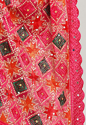 Phulkari Embroidered Cotton Dupatta in Pink