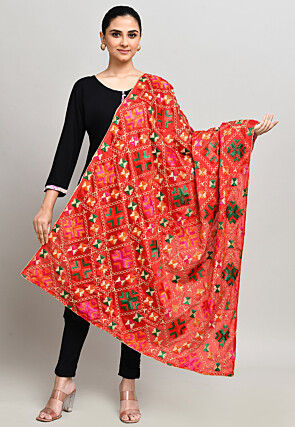 Phulkari Embroidered Cotton Dupatta in Red