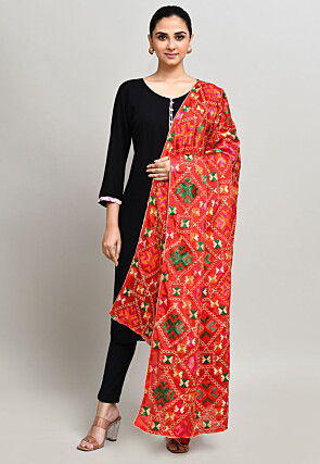 Phulkari Embroidered Cotton Dupatta in Red