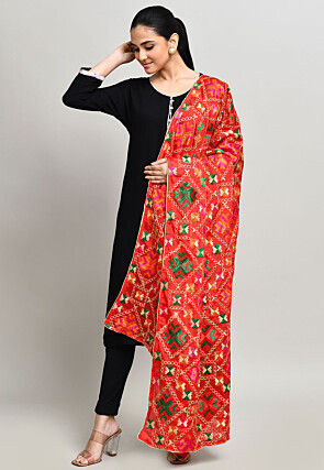 Phulkari Embroidered Cotton Dupatta in Red