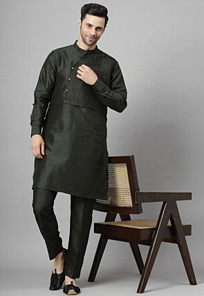 Pin Tucked Art Silk Kurta Set in Dark Green