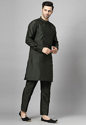 Pin Tucked Art Silk Kurta Set in Dark Green