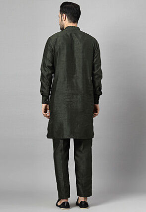 Pin Tucked Art Silk Kurta Set in Dark Green