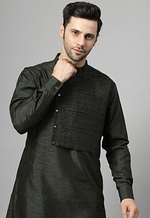 Pin Tucked Art Silk Kurta Set in Dark Green