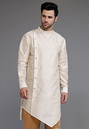 Pintucked Art Silk Asymmetric Kurta in Light Beige