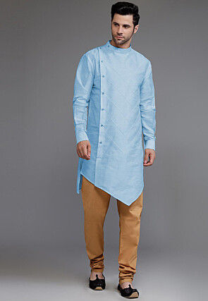 Pintucked Art Silk Asymmetric Kurta Set in Sky Blue