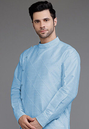 Pintucked Art Silk Asymmetric Kurta Set in Sky Blue