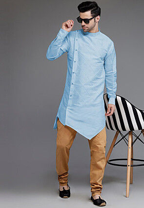 Pintucked Art Silk Asymmetric Kurta Set in Sky Blue