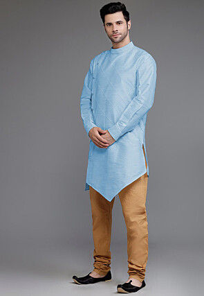 Pintucked Art Silk Asymmetric Kurta Set in Sky Blue