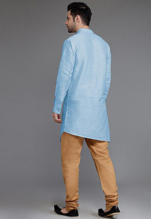 Pintucked Art Silk Asymmetric Kurta Set in Sky Blue