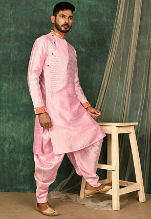 Pintucked Art Silk Dhoti Kurta in Pink