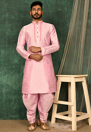 Pintucked Art Silk Dhoti Kurta in Pink