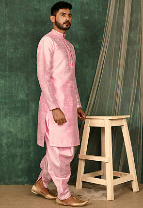 Pintucked Art Silk Dhoti Kurta in Pink