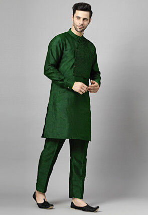 Pintucked Art Silk Kurta Set in Dark Green