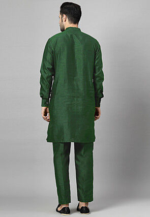 Pintucked Art Silk Kurta Set in Dark Green