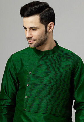 Pintucked Art Silk Kurta Set in Dark Green