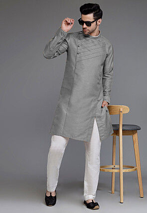 Pintucked Art Silk Kurta Set in Grey