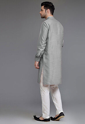Pintucked Art Silk Kurta Set in Grey