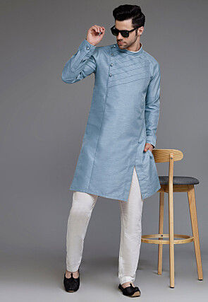 Pintucked Art Silk Kurta Set in Light Blue
