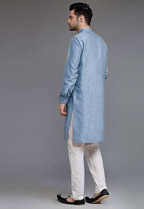 Pintucked Art Silk Kurta Set in Light Blue