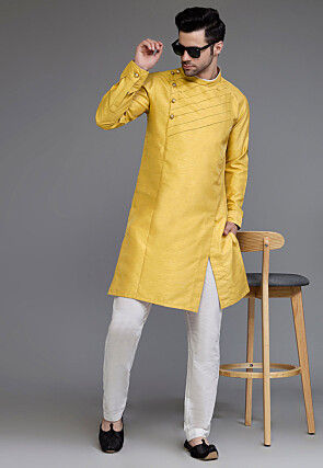 Pintucked Art Silk Kurta Set in Mustard