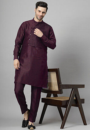 Pintucked Art Silk Kurta Set in Wine